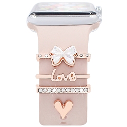Rose Gold Word Love & Heart Alloy Rhinestones Watch Band Charms Set, Watch Band Studs, Decorative Ring Loops, Rose Gold, Inner Diameter: 2.2x0.35cm, 4pcs/set