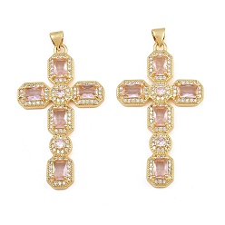 Pink Brass Micro Pave Cubic Zirconia Pendants, Octagon Shaped Cross Charms, Cadmium Free & Lead Free, Golden, Pink, 45.5x26x4.5mm, Hole: 5mm