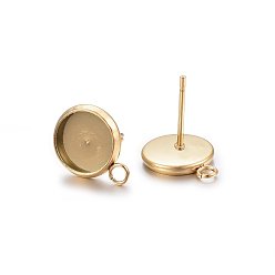 Golden Ion Plating(IP) 304 Stainless Steel Stud Earring Settings, with Loop, Flat Round, Golden, Tray: 8mm, 13x10x2mm, Hole: 1.8mm, Pin: 0.8mm