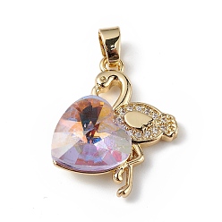Лиловый Настоящие позолоченные подвески из латуни с микропаве из прозрачного кубического циркония, со стеклом, долговечный, без кадмия и без свинца, фламинго с сердечком, сирень, 18 мм, отверстие : 24x19x8 мм