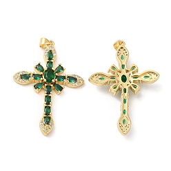 Dark Green Brass Pendants, with Glass & Cubic Zirconia, Lead Free & Cadmium Free, Cross Charms, Real 18K Gold Plated, Dark Green, 49x34x7mm, Hole: 5.1x3.4mm
