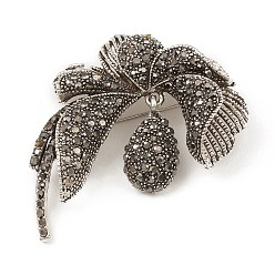 Antique Silver Alloy Rhinestone Brooch Pins,  Flower Badge for Clothes Backpack, Antique Silver, 59x47x14mm