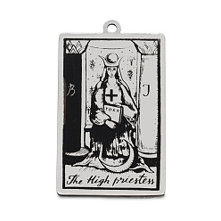 Stainless Steel Color Stainless Steel Pendants, Rectangle with Tarot Pattern, Stainless Steel Color, The High Priestess II, 40x24mm