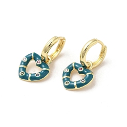 Teal Heart Real 18K Gold Plated Brass Dangle Hoop Earrings, with Cubic Zirconia and Enamel, Teal, 21.5x11.5mm