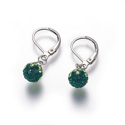 Emerald 304 Stainless Steel Leverback Dangle Earrings, with Polymer Clay Rhinestone Beads, Round, Stainless Steel Color, Emerald, 29mm, Pin: 0.7x1mm