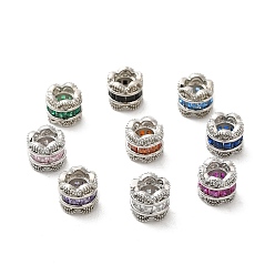 Mixed Color Rack Plating Brass Cubic Zirconia European Beads, Large Hole Beads, Long-Lasting Plated, Lead Free & Cadmium Free, Flower Column, Platinum, Mixed Color, 8x7mm, Hole: 4.6mm