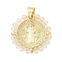 Прозрачный Латунь стекло кулоны, плоский круглый с амулетом в виде святого и креста, долговечный, без кадмия и без свинца, реальный 18 k позолоченный, граненые, прозрачные, 21x20.5~21x3 мм, отверстие : 5x3.5 мм