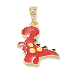 Red Brass Micro Pave Clear Cubic Zirconia Pendants, with Enamel, Dinosaur Charms, Rack Plating, Long-Lasting Plated, Cadmium Free & Lead Free, Real 18K Gold Plated, Red, 21x19.5x3mm, Hole: 2.5x5mm