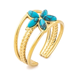 Синтетическая Бирюза Цветок 304 открытые манжетные кольца из нержавеющей стали с ионным покрытием (IP), женские кольца с синтетической бирюзой, 12 мм, регулируемый