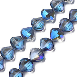 Royal Blue Electroplate Transparent Glass Beads Strands, Faceted, Teardrop, Royal Blue, 10.5x12x6.5mm, Hole: 1mm, about 60pcs/strand, 25.59 inch(65cm)