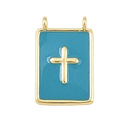 Светлый Морско-зеленый Латунь эмаль подвески, прямоугольник с поперечными прелести, без свинца и без кадмия, долговечный, реальный 18 k позолоченный, стойки покрытие, светло-зеленый, 18.5x12x3 мм, отверстие : 1.2 мм