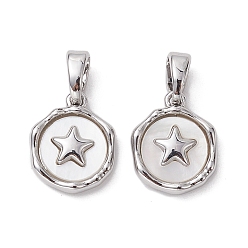 Platinum Rack Plating Brass Pave Shell Flat Round Charms with Star, Seashell Color, Platinum, 12.5x10x3mm, Hole: 5x2.8mm