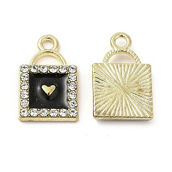 Negro Colgantes de la aleación del esmalte, con diamantes de imitación de cristal, candado con dijes de corazón, dorado, negro, 18x11.5x2.5 mm, agujero: 1.8 mm