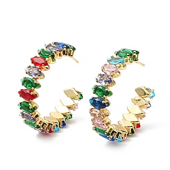 Colorful Cubic Zirconia Round Stud Earrings, Rack Plating Real 18K Gold Plated Brass Half Hoop Earrings for Women, Lead Free & Cadmium Free, Colorful, 35x8mm