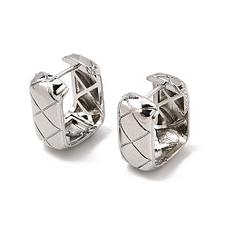 Platinum Brass Hoop Earrings, Oval with Rhombus Pattern, Platinum, 17x9x14.5mm