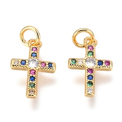Golden Brass Micro Pave Cubic Zirconia Pendants, Cross with Jump Rings, Golden, 12x8x2mm, Hole: 2mm
