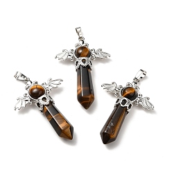 Tiger Eye Natural Tiger Eye Pendants, Angel Charms, with Rack Plating Platinum Tone Brass Findings, Cadmium Free & Lead Free, 52~53x37x11mm, Hole: 8x5mm