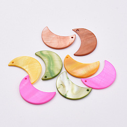 Mixed Color Plated Freshwater Shell Pendants,  Dyed, Moon, Mixed Color, 30x20x2mm, Hole: 1mm