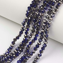 Bleu Marine Plaquent verre transparent perles brins, demi-plaqué noir, facette, rondelle, bleu marine, 6x5mm, Trou: 1mm, Environ 85~88 pcs/chapelet, 16.1~16.5 pouce (41~42 cm)