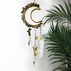 Unakite Natural Unakite Chip Wrapped Metal Moon Hanging Ornaments, Glass Teardrop & Butterfly Tassel Suncatchers for Home Outdoor Decoration, 250mm