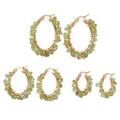 Other 3 Pairs 3 Size Natural Peridot Chips Hoop Earrings, 304 Stainless Steel Wire Wrap Earrings, 23~35x5~8.5mm, 1 Pair/size