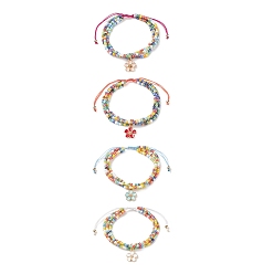 Mixed Color Adjustable Glass Bead Braided Beaded Bracelet, Multi-strand Bracelets, Alloy Enamel Flower Charm Bracelets for Women, Mixed Color, Inner Diameter: 2~3 inch(5~7.5cm)