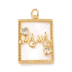 Real 18K Gold Plated Brass Micro Pave Clear Cubic Zirconia Pendants, with Natural Shell, Long-Lasting Plated, Rectangle with Word MAMA, Real 18K Gold Plated, 24x16x2.5mm, Hole: 3mm, Jump Ring: 5x1mm