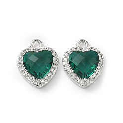 Зеленый Латунные микро проложить кубического циркония подвески, сердце прелести, Реальная платина, зелёные, 13.5x11x5 мм, отверстие : 1.6 мм