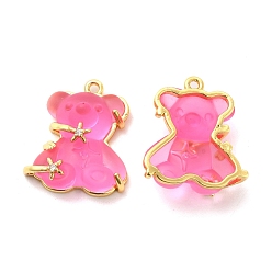 Hot Pink Transparent Resin Crystal Rhinestone Pendants, Bear Charms, with Rack Plating Real 14K Gold Plated Brass Findings, Long-Lasting Plated, Cadmium Free & Lead Free, Hot Pink, 23.5x20.5x8mm, Hole: 1.5mm
