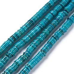 Dark Turquoise Natural Freshwater Shell Beads Strands, Dyed, Heishi Beads, Flat Round/Disc, Dark Turquoise, 8~8.5x1~3mm, Hole: 1mm, about 182~200pcs/strand, 15.39 inch(39.1cm)