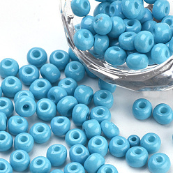 Deep Sky Blue Baking Paint Glass Seed Beads, Round, Deep Sky Blue, 4~4.5x3mm, Hole: 1~1.2mm, about 4500pcs/bag, about 450g/bag