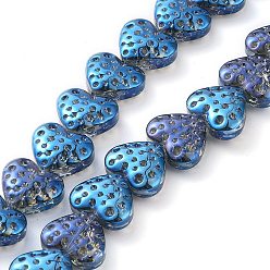 Blue Electroplate Transparent Glass Beads Strands, Heart, Blue, 15x13mm, Hole: 1.2mm, about 50pcs/strand, 25.59''(65cm)