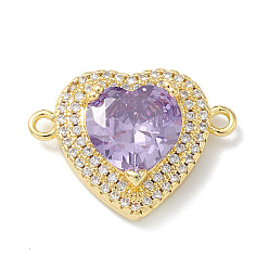 Lilac Rack Plating Brass Pave Cubic Zirconia Connector Charms, Heart Links, Lead Free & Cadmium Free, Long-Lasting Plated, Real 18K Gold Plated, Lilac, 16x22x7mm, Hole: 1.6mm