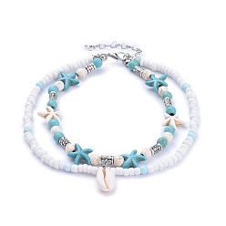 Turquoise Cowrie Shell Anklets, with Turquoise Beads and Glass Seed Beads, Tibetan Style Alloy Beads, Zinc Alloy Lobster Claw Clasps, Turquoise, 9-1/2 inch(24cm)