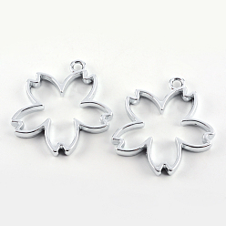 Platinum Rack Plating Alloy Sakura Open Back Bezel Pendants, For DIY UV Resin, Epoxy Resin, Pressed Flower Jewelry, Hollow, Cadmium Free & Nickel Free & Lead Free, Silver Color Plated, 31.5x30x3.5mm, Hole: 2.8mm
