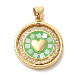 Зеленый лайм Плоские круглые подвески с сердцем из латуни с микропаве и фианитами, с эмалью и ракушкой, долговечный, без свинца и без кадмия, реальный 18 k позолоченный, зеленый лайм, 23x20x3 мм, отверстие : 5x4 мм