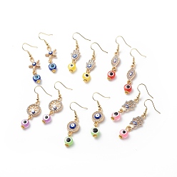 Mixed Color 6 Pairs 6 Style Starfish & Hamsa Hand & Horse Eye & Tree of Life Crystal Rhinestone Dangle Earrings, Enamel & Resin Evil Eye Drop Earrings, Gold Plated Brass Jewelry for Women, Mixed Color, 48.5~50.5mm, Pin: 0.7mm, 1 Pair/style