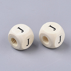 Letter J Printed Natural Wood Beads, Horizontal Hole, Cube with Initial Letter, PapayaWhip, Letter.J, 10x10x10mm, Hole: 3.5mm, about 1000pcs/500g