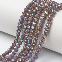 Medium Purple Electroplate Opaque Solid Color Glass Beads Strands, Half Plated, Rainbow Plated, Faceted, Rondelle, Medium Purple, 4x3mm, Hole: 0.4mm, about 123~127pcs/strand, 16.5~16.9 inch(42~43cm)
