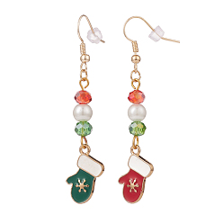 Colorful Enamel Snowflake Glove Charm with Glass Pearl Dangle Earrings, Gold Plated Brass Christmas Asymmetrical Earrings for Women, Colorful, 60.5mm, Pin: 0.8mm