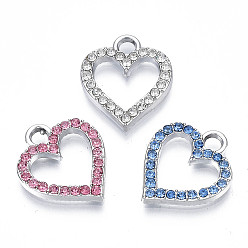 Mixed Color Alloy Charms, with Rhinestone, Cadmium Free & Lead Free, Heart, Mixed Color, 17x15x2mm, Hole: 2.5mm