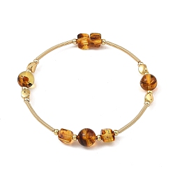 Golden Natural Amber Round Beads Bangles, with Brass Beads and Copper French Wire, Golden, Inner Diameter: 2.17 inch(5.5cm)