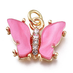 Deep Pink Brass Micro Pave Clear Cubic Zirconia Pendants, with Resin and Jump Rings, Long-Lasting Plated, Butterfly Shape, Flower Pattern on Back, Golden, Deep Pink, 13x17x3.5mm, Hole: 3mm