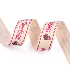 Word Single Face Printed Merry Christmas Cotton Ribbons, Christmas Party Decoration, Camellia, Word, 5/8 inch(16.5mm), about 2.00 Yards(1.82m)/Roll