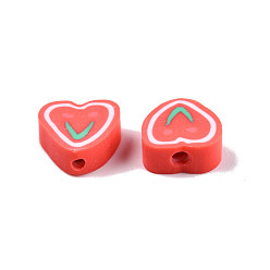 Red Handmade Polymer Clay Beads, Heart with Strawberry Pattern, Red, 7~10x8~10.5x4~5mm, Hole: 1.5mm