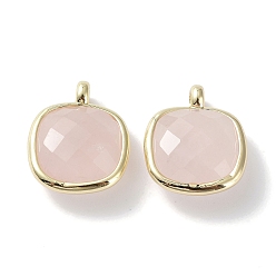 Rose Quartz Natural Rose Quartz Pendants, Faceted Square Charms, with Golden Plated Brass Edge Loops, 16.5x13x6mm, Hole: 2.2mm