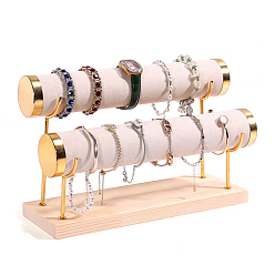 Linen Velvet 2 T Bar Bracelet Display Rack, Jewelry Organizer Holder with Woode Base, for Bracelets Watch Storage, Linen, 29x10x18.5cm