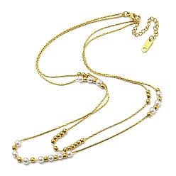Golden 304 Stainless Steel Coreana Chains Double Layer Necklaces, with Plastic Imitation Pearl Beaded, Golden, 14.92 inch(37.9cm)