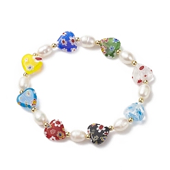 Colorful Millefiori Glass Heart & Natural Pearl Beaded Stretch Bracelet for Women, Colorful, Inner Diameter: 2-1/8 inch(5.5cm)