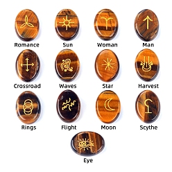 Tiger Eye Oval Natural Tiger Eye Rune Stones, Healing Stones for Chakras Balancing, Crystal Therapy, Meditation, Reiki, Divination Stone, 20x15x6~7mm, 13pcs/set